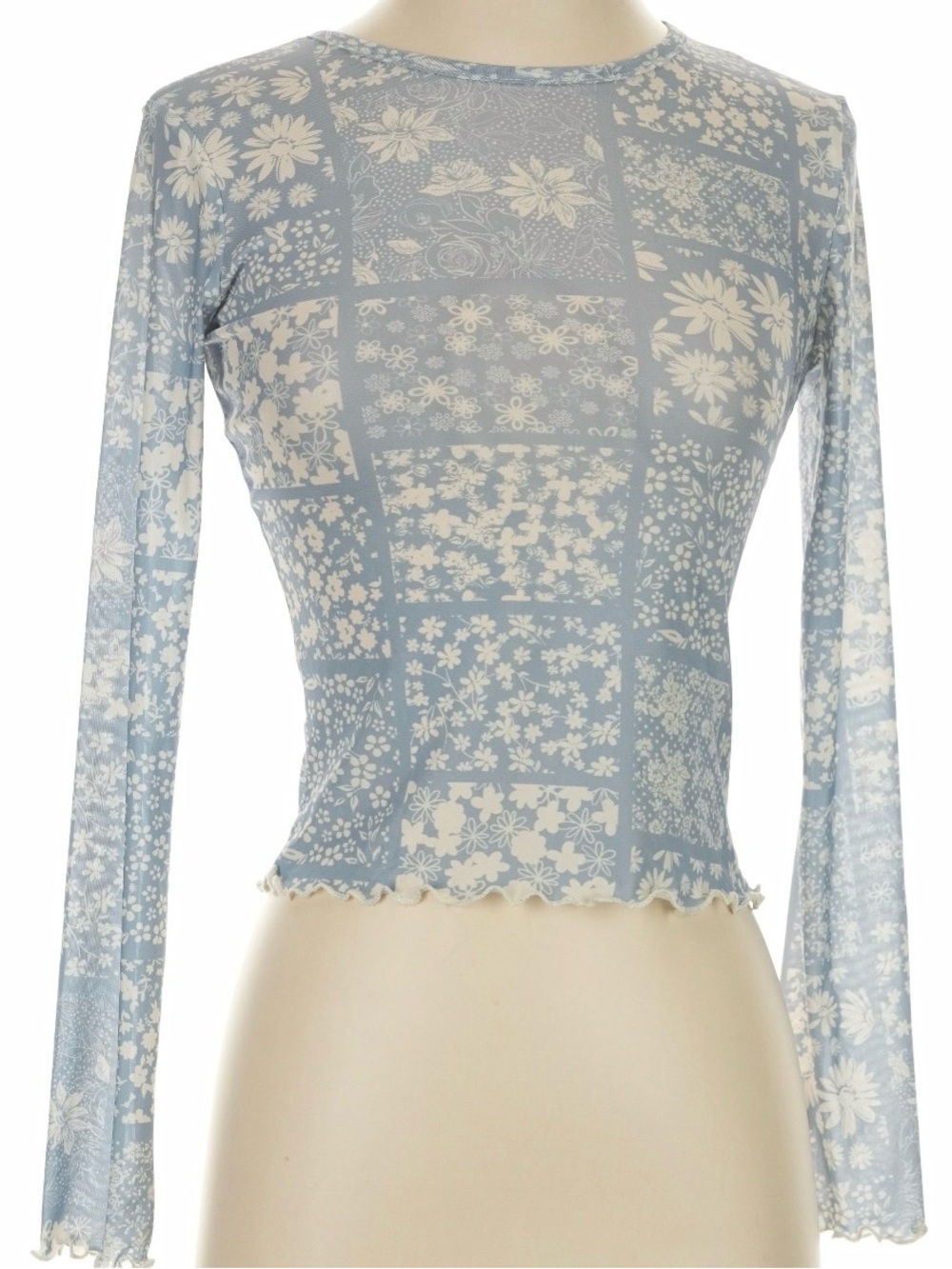 Light Blue Floral Patchwork Long-Sleeve Mesh Tee
